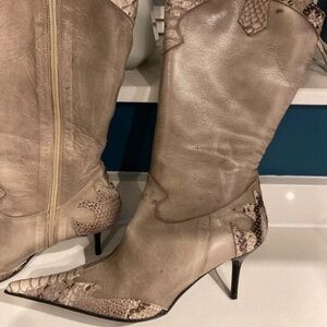Elegant Taupe Snakeskin Women's Heeled Boots